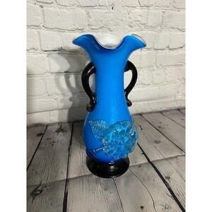 vintage hand blown murano blue, clear and black floral glass vase